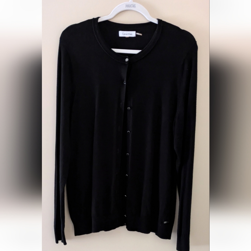 Calvin Klein Classic Black Long Button-Up Cardigan ~ Sz L